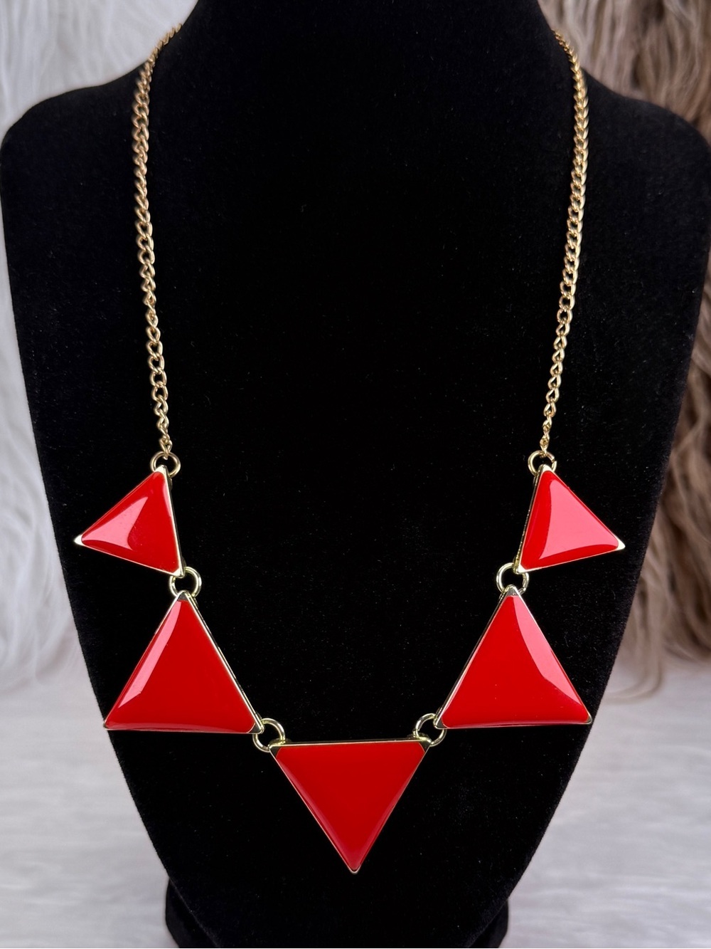 Lightweight Red Geometric Statement Necklace Gold Tone